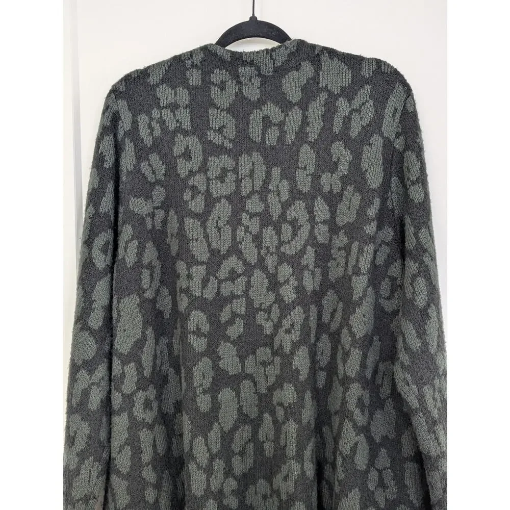 LOGO Lori Goldstein Cardigan Sweater 2X Leopard Print Long Duster Pockets